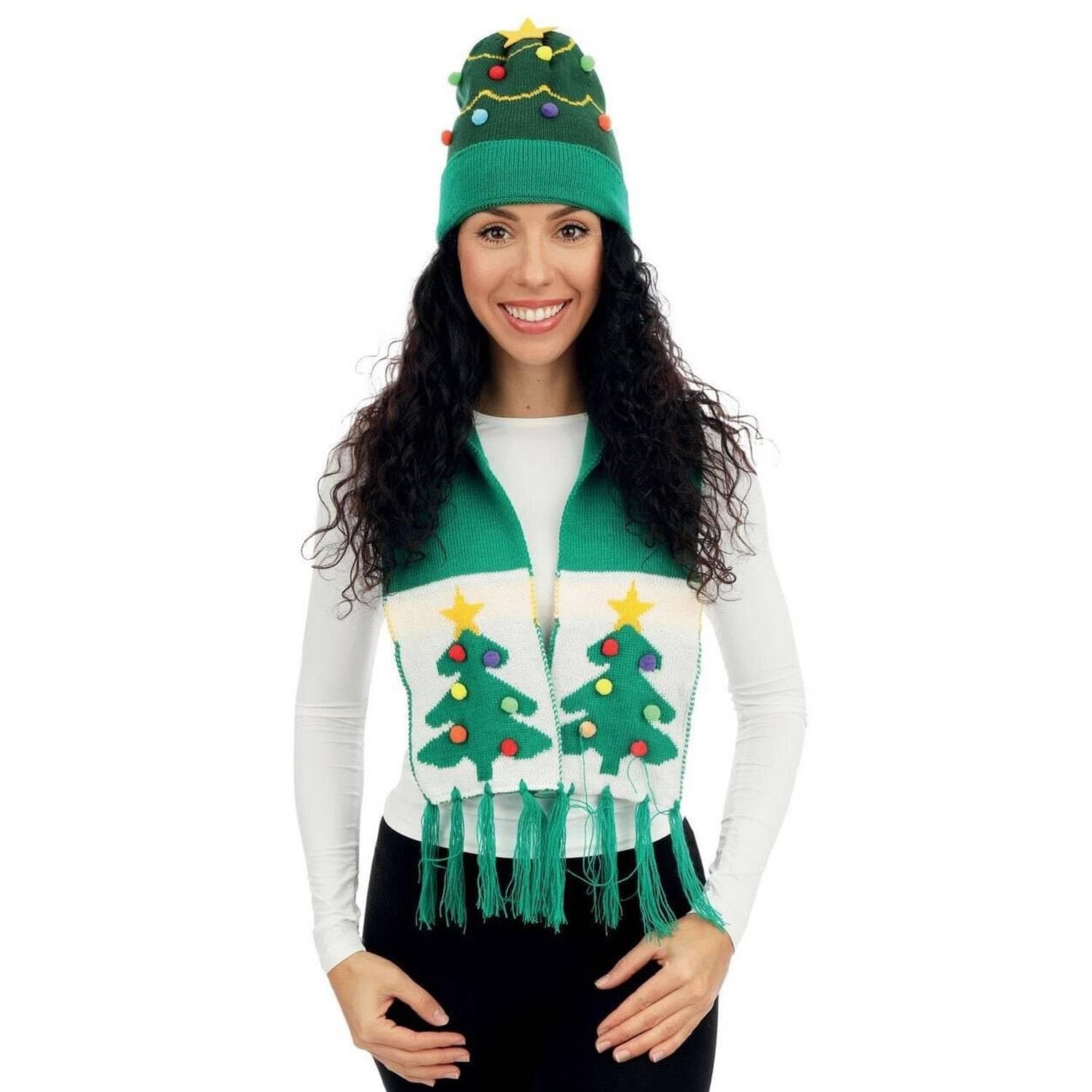 Set de Noël adulte bonnet et écharpe sapin vert motifs de Noël
