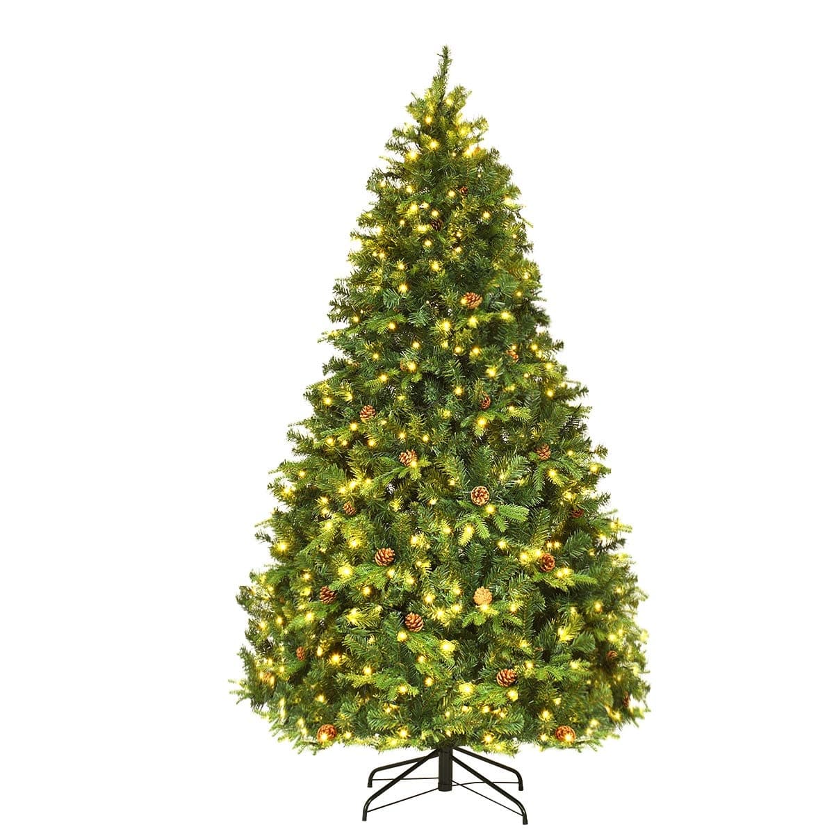 CostwaySapin de Noël Artificiel 210cm Arbre de Noël 61 pommes de pin, Lumières LED, Pied en Métal 50cm, en PVC et PE, Vert