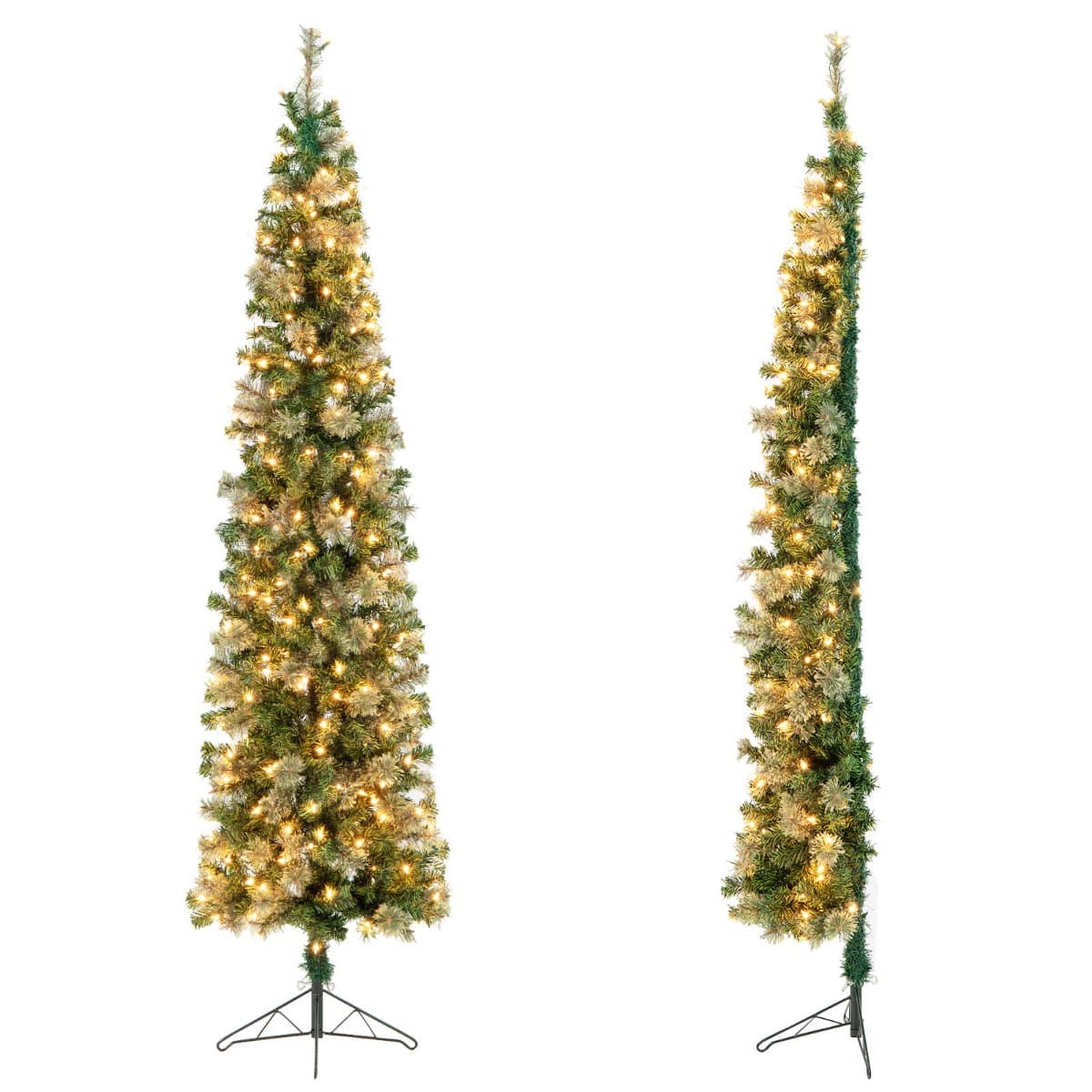 CostwaySapin de Noël Demi-Forme Pré-Illuminé 210 CM Sapin Artificiel avec 403 Pointes de Branches 150 Lumières LED Pied Métallique Sapin de Noël avec