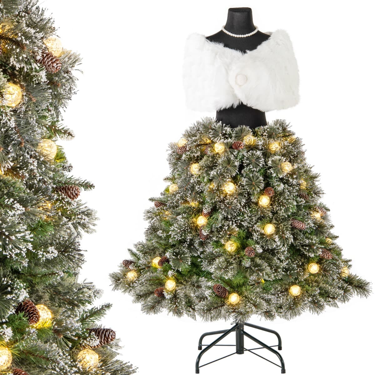 CostwaySapin de Noël Artificiel Pré-éclairé de 150 cm en Forme de Jupe de Mannequin 465 Pointes de Branches 50 Boules LED 36 Pommes de Pin