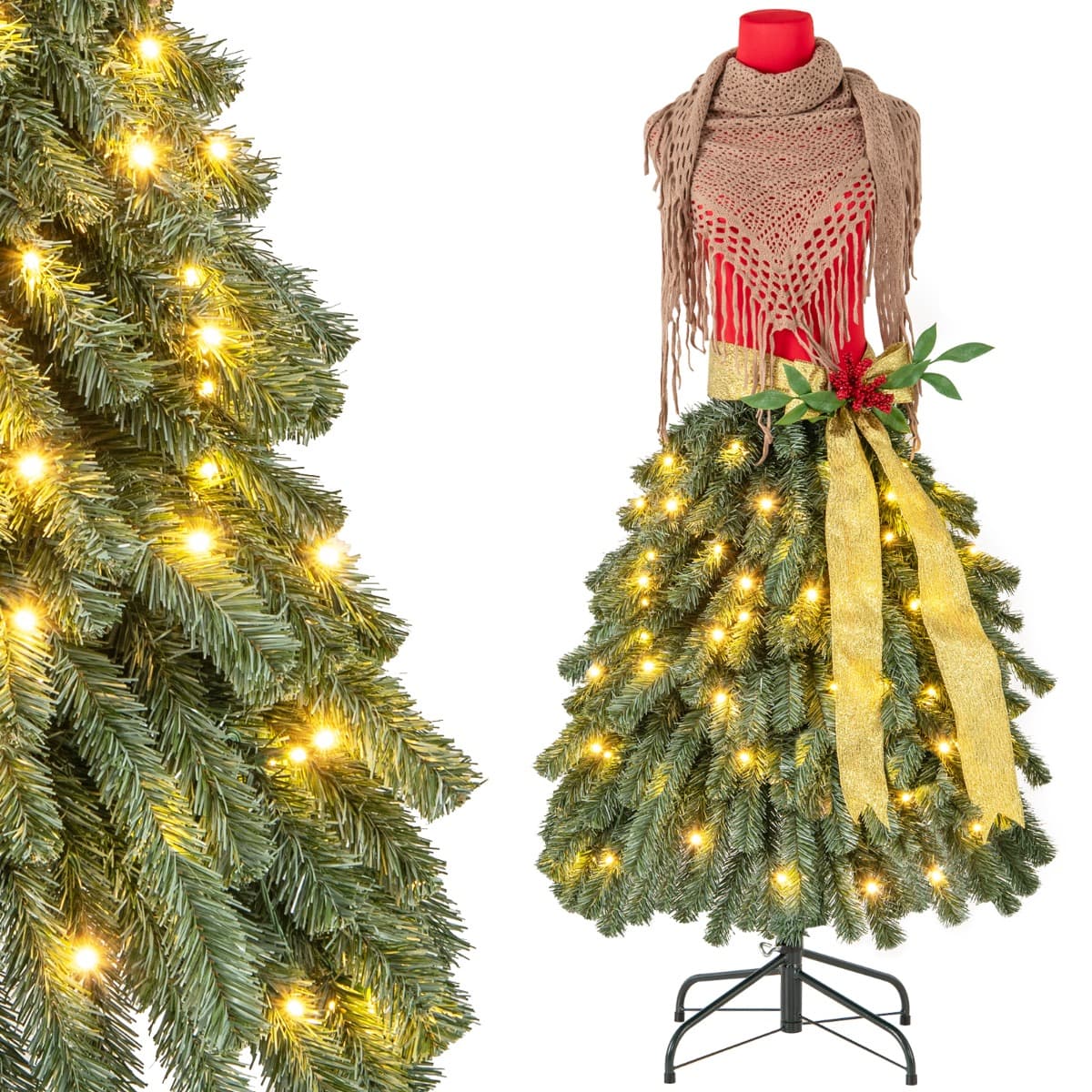 CostwaySapin de Noël Artificiel Pré-éclairé de 150 cm en Forme de Jupe de Mannequin 248 Pointes de Branches 100 LED Blanc Chaud Baies Rouges
