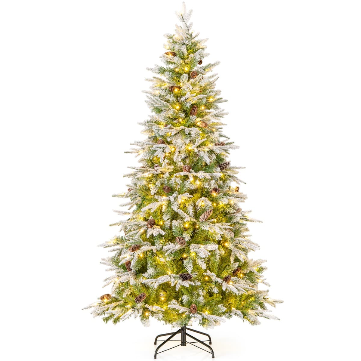 CostwaySapin de Noël Artificiel de 190 cm Arbre de Noël à Charnières Floqué de Neige 765 Pointes 62 Pommes de Pin 280 Lumières LED Blanc Chaud