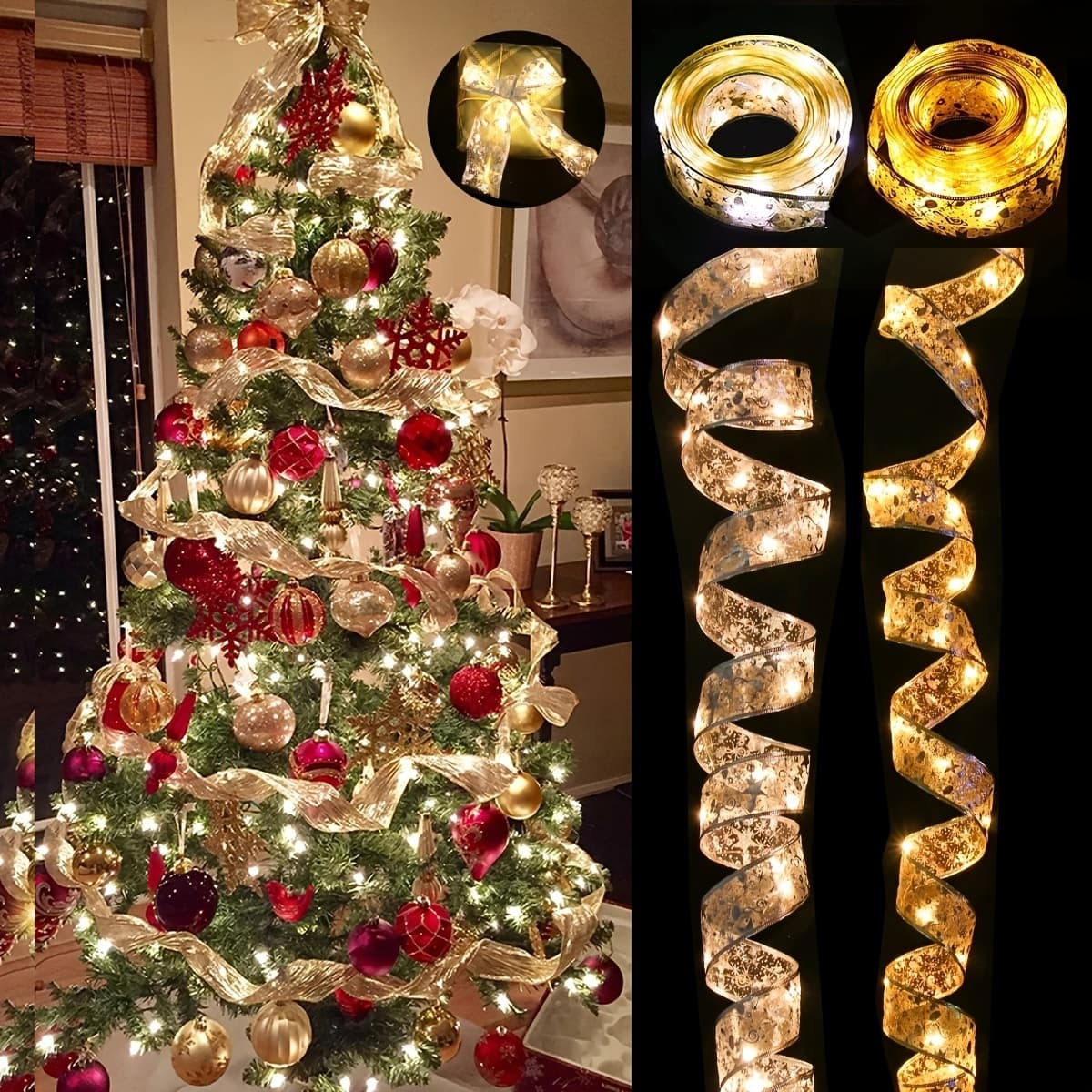 Décoration De Noël De Fée De Ruban Guirlande Lumineuse Boules Pour Sapin De Noël Pour La Maison, Lumières De Chaîne De Boucles Pour Nouvel-an