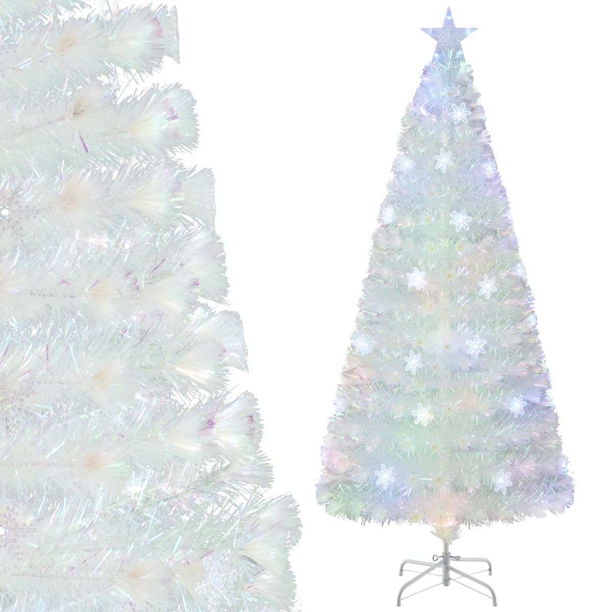 CostwaySapin de Noël Artificiel à Fibre Optique Pré-Éclairé 180cm Blanc avec Feuilles Irisées Lumières Led Flocon De Neige Multicolores