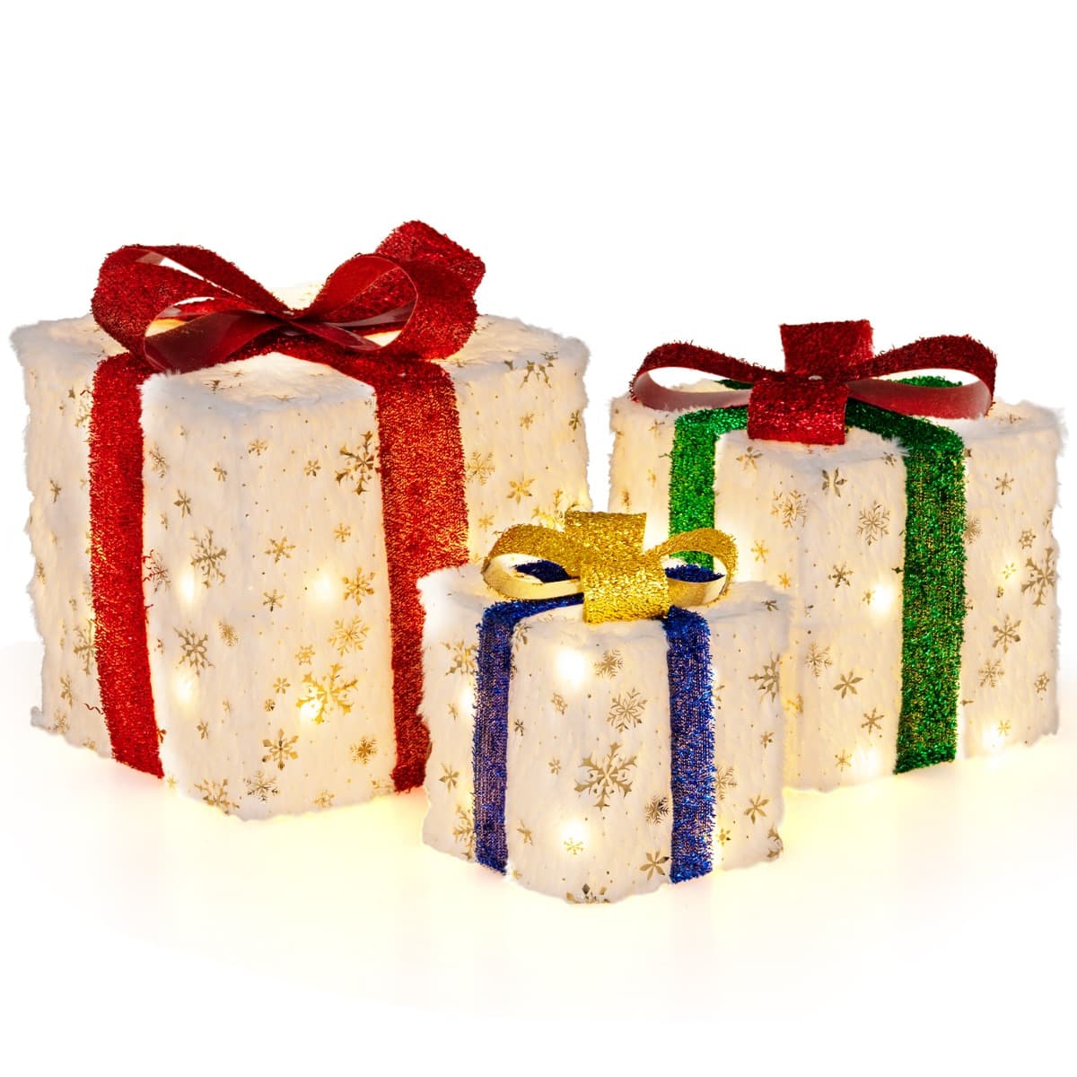 CostwayLot de 3 Paquets Cadeaux Lumineux de Noël Décoration de Noël Pré-Éclairée 48 Lumières Chaudes et Lumineuses Boîtes Cadeaux avec Nœuds
