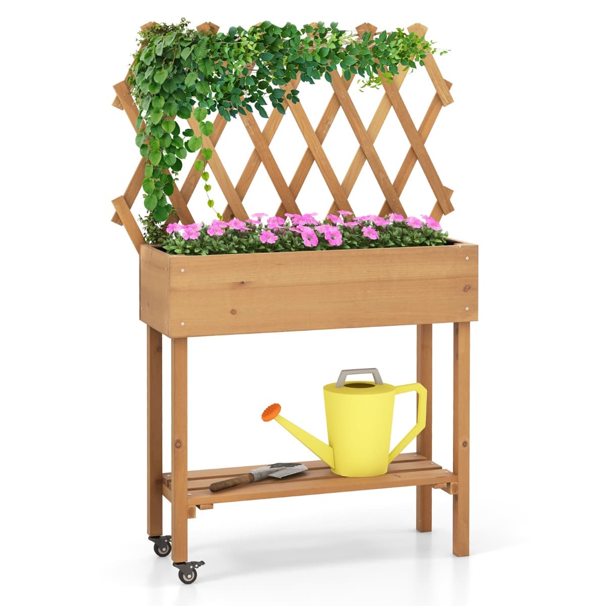 CostwayLit de Jardin Surélevé en Bois avec Treillis Etagère de Rangement Jardinière Surélevée avec Roues Verrouillables Doublure en Tissu Naturel